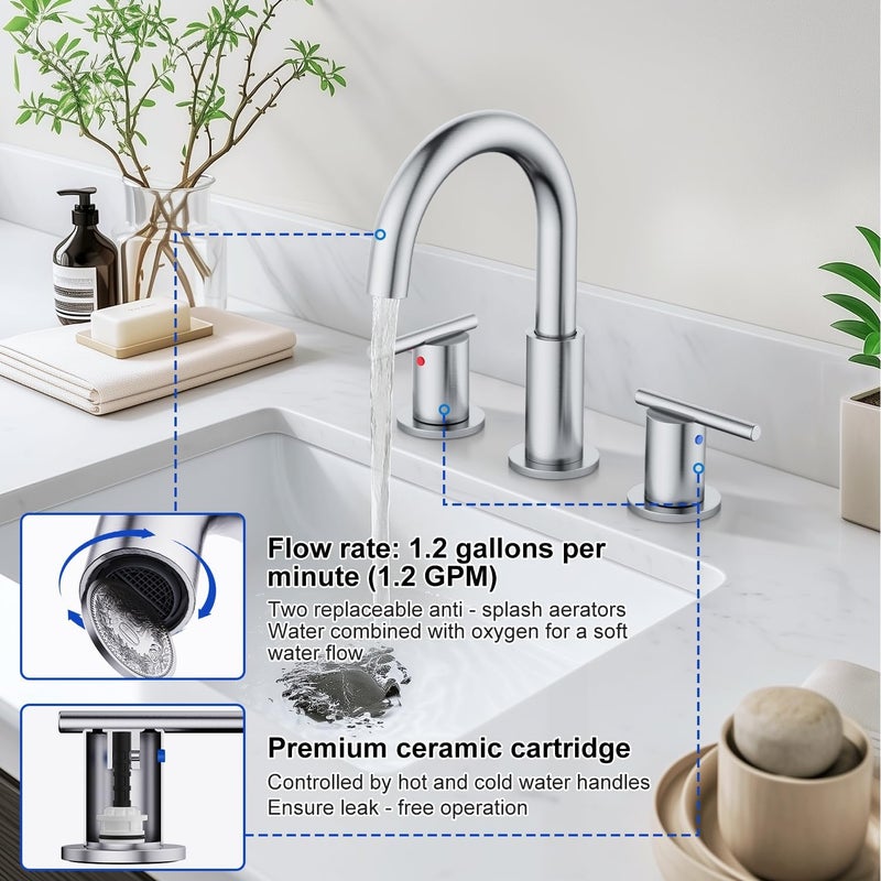 Hurran Bathroom Faucets for 3 Hole Sinks, 8 Inch Brushed Nickel Double Handle Bathroom Sink Faucet with 360° Rotating Spout & Pop-Up Drain, Widespread Faucet Suitable for Vanity, RV & Outdoor Sinks - Image 3